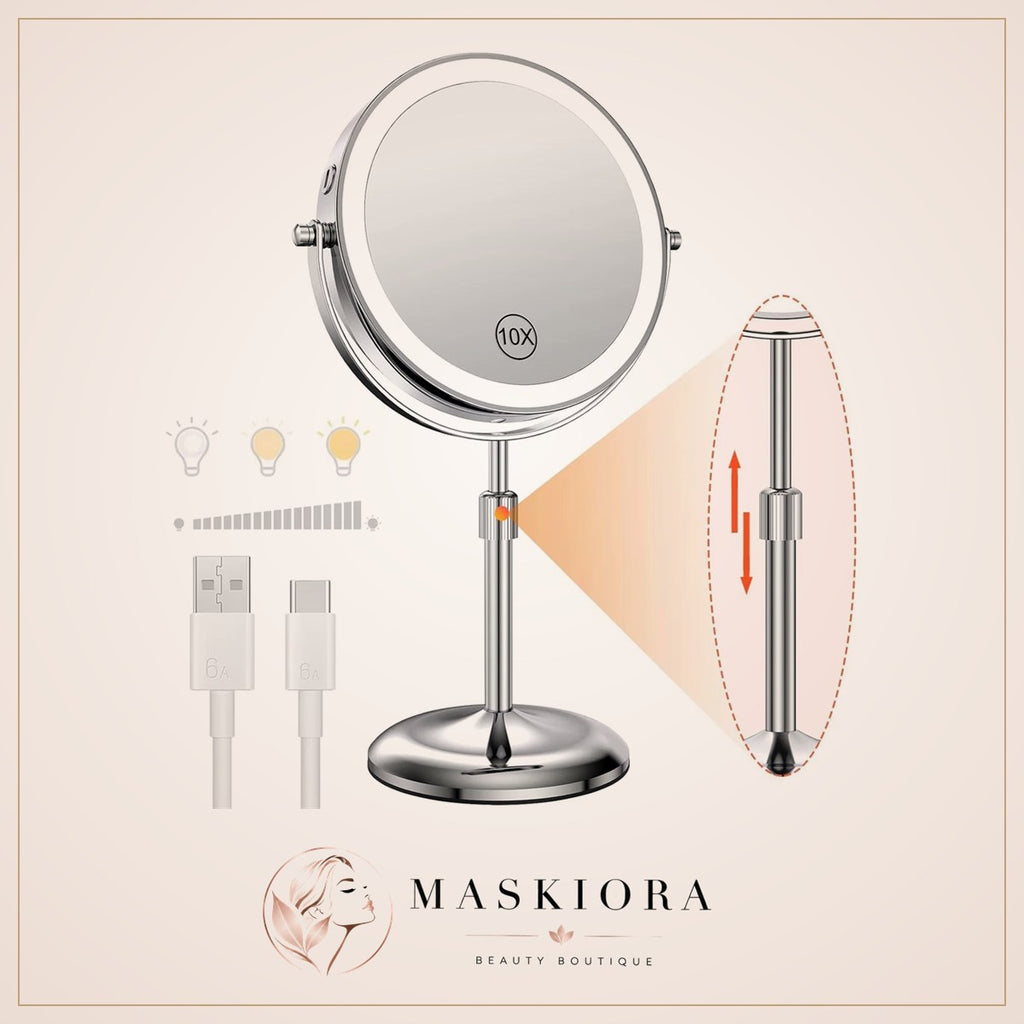 Miroir De Maquillage Debout Avec Lampe Lumineuse, Luminosité Réglable, Grossissement 10X, 3 Lumières Pour Documents, Recommandé, Miroir Cosmétique, 8 Po