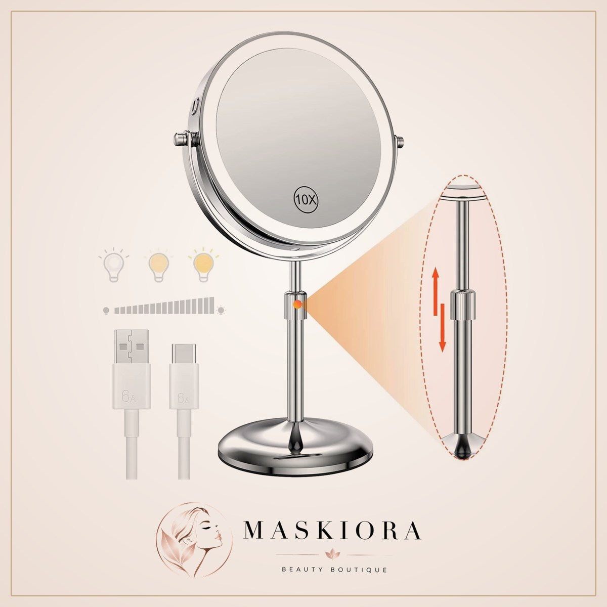 Miroir De Maquillage Debout Avec Lampe Lumineuse, Luminosité Réglable, Grossissement 10X, 3 Lumières Pour Documents, Recommandé, Miroir Cosmétique, 8 Po